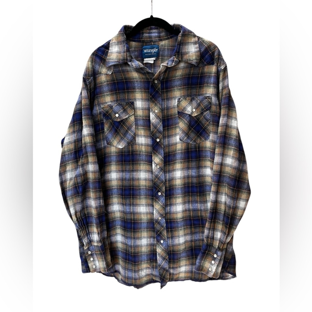 Grunge Wrangler Blue White Plaid Long Sleeve Pearl Snap Flannel shirt Men’s L/XL